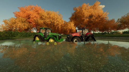 John Deere and Case IH Tractors in River Autumn Landscape 4K Wallpaper