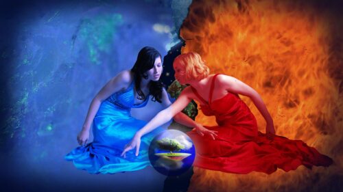 Fire and Ice Fantasy Women Dual Contrast 4K PC Wallpaper
