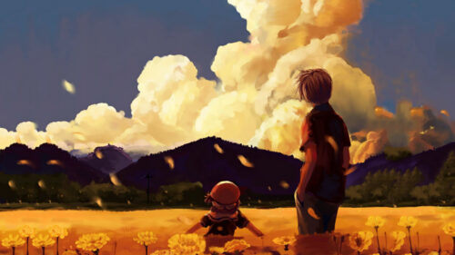 Anime Boy and Girl in Golden Flower Field at Sunset PC Wallpaper