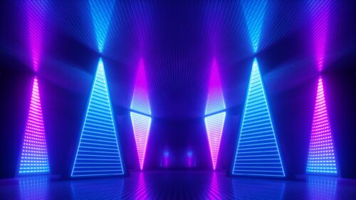 Futuristic Neon Pyramids Abstract Interior 4K Wallpaper