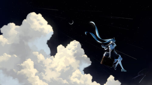 Anime Girl Floating in the Night Sky with Clouds 4K PC Wallpaper