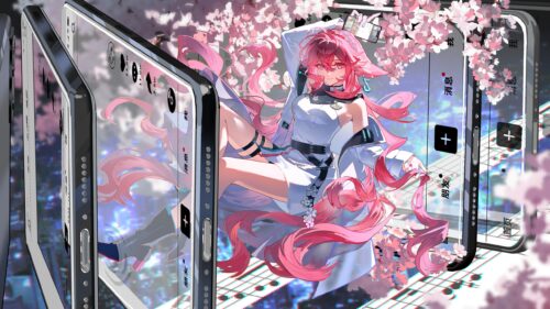 Anime Girl with Pink Hair and Cherry Blossoms Smartphone Interface PC Wallpaper