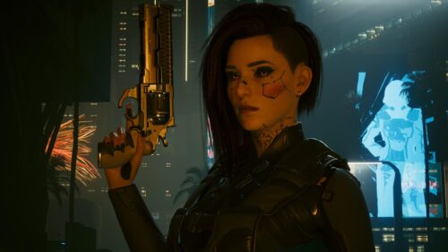 Cyberpunk 2077 Female V with Malorian Arms Pistol 4K Desktop Wallpaper