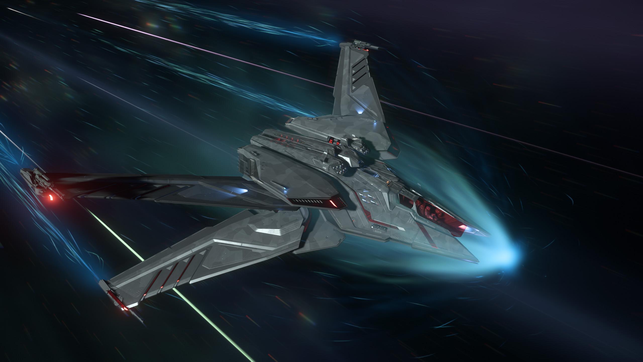 Futuristic Grey Sci-Fi Spaceship Flying Through Warp Speed Desktop Wallpaper