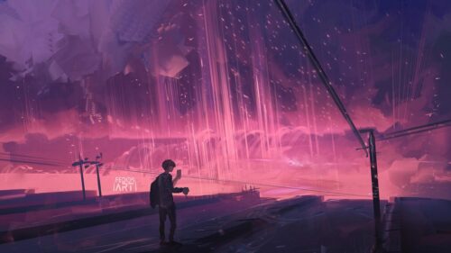 Anime Boy Standing Under Surreal Pink Rain Digital Art 4K Wallpaper