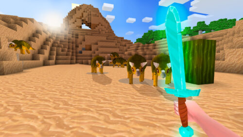 Minecraft Desert Adventure with Triceratops and Diamond Sword 4K Wallpaper