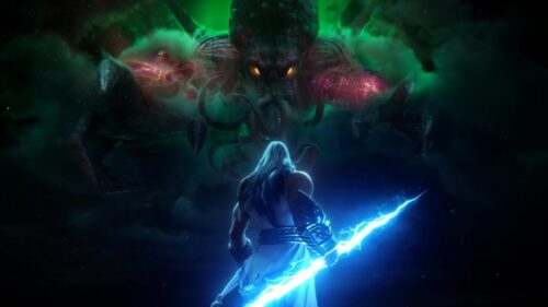 Epic Fantasy Warrior Confronting Eldritch Monster 4K Desktop Wallpaper