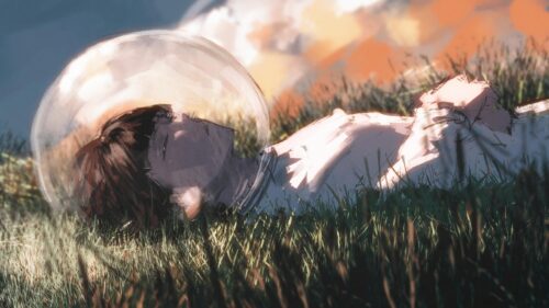 Anime Girl Sleeping in Glass Helmet Field Aesthetic Desktop Wallpaper