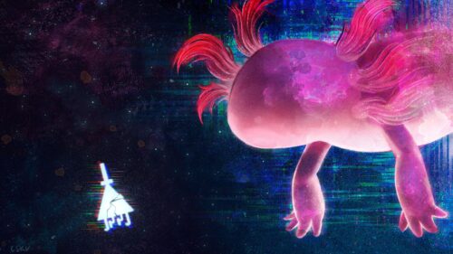 Glitchy Pink Axolotl and Gravity Falls Bill Cipher Artistic PC Wallpaper