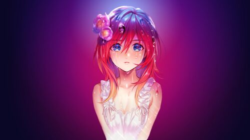 Sad Anime Girl with Red Hair and Flowers Vibrant Pink Background 4K Wallpaper