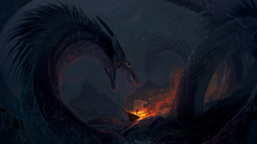 Giant Sea Serpent Attacking Burning Ship Epic Fantasy Desktop Wallpaper