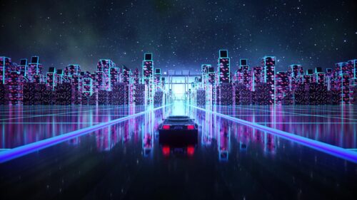 Retro Synthwave Sports Car Driving Through a Neon Cyberpunk City 4K Wallpaper