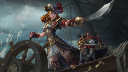 Pirate Captain Woman and Her Cat Companion on Ship Deck 4K Wallpaper