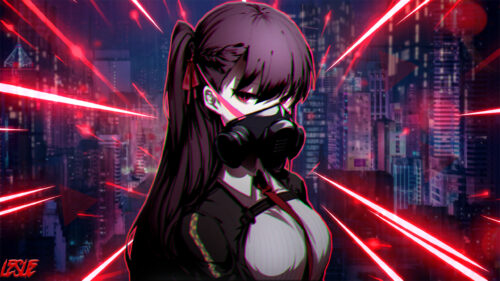 Anime Girl in Gas Mask with Red Cyberpunk City Lights 4K Wallpaper