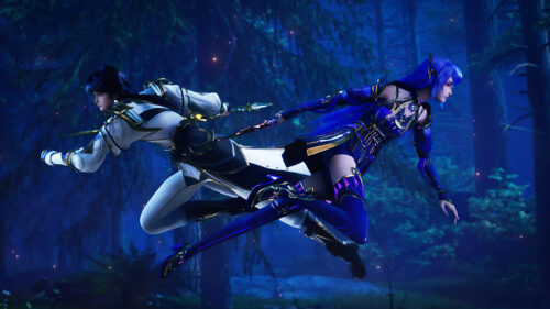 Anime Warrior Couple in Enchanted Night Forest PC Wallpaper