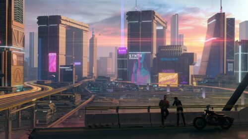 Futuristic Cyberpunk Cityscape with People and Motorcycle 4K Wallpaper