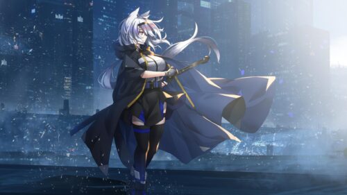 Anime Girl with Katana in Cyberpunk Cityscape 4K Wallpaper