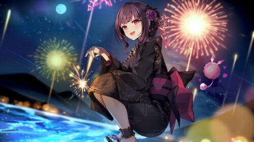 Anime Girl in Kimono with Fireworks at Night Desktop Wallpaper