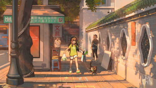 Anime Girl Walking Dog in Sunny Street Aesthetic PC Wallpaper