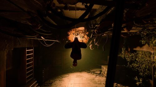Spider-Man Hanging Upside Down in Dark Abandoned Warehouse PC Wallpaper