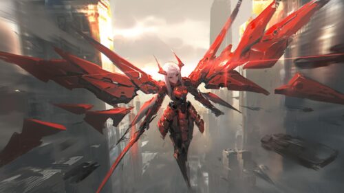 Futuristic Anime Girl with Red Mechanical Wings in Ruined City 4K Wallpaper