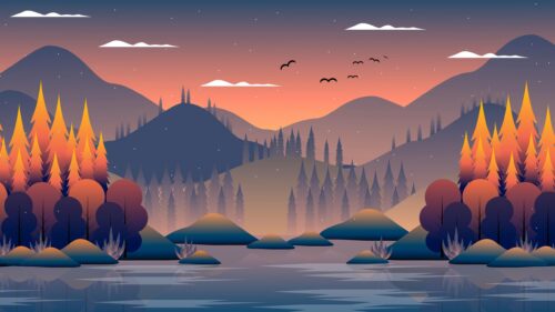 Minimalist Sunset Mountain Landscape with Pine Forest Desktop Wallpaper