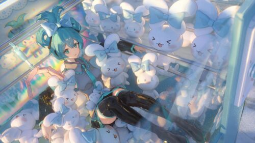 Cute Anime Girl Inside Claw Machine with Plush Bunnies 4K Wallpaper