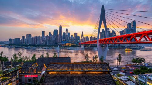 Chongqing Cityscape Sunset with Red Bridge 4K PC Wallpaper