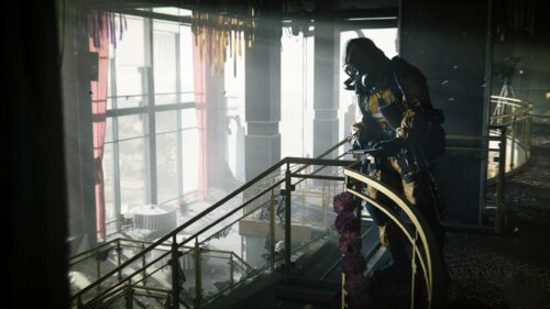 Post Apocalyptic Survivor in Hazmat Suit Exploring Ruined Hotel PC Wallpaper