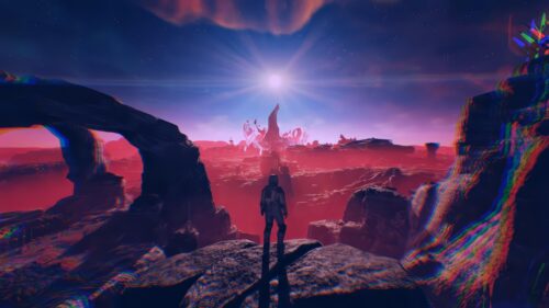 Astronaut Standing on Alien Planet Red Landscape 4K Wallpaper
