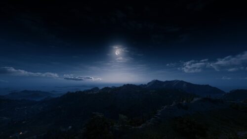 Serene Night Landscape with Crescent Moon over Mountain Ranges 4K Wallpaper