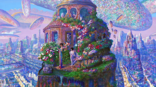 Surreal Sci-Fi Garden Tower Cityscape with Women Figures 4K Wallpaper