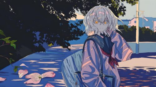 Anime Girl with White Hair and Golden Eyes Aesthetic PC Wallpaper