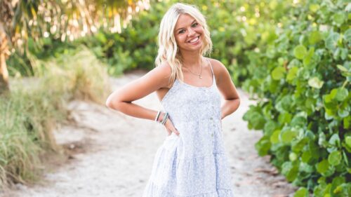 Beautiful Blonde Woman in Floral Summer Dress Desktop Wallpaper