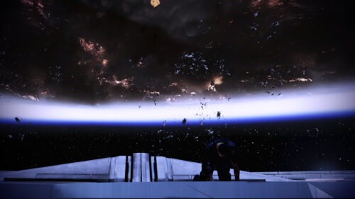 Commander Shepard Looking at Earth from Space Mass Effect 4K Wallpaper