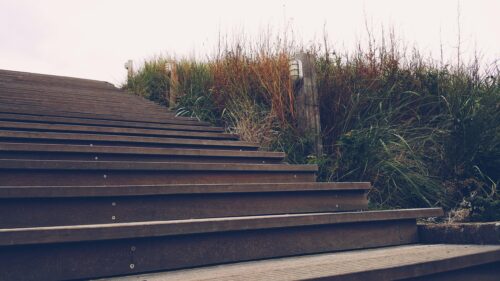 Rustic Wooden Stairway to Nature Path Desktop Wallpaper