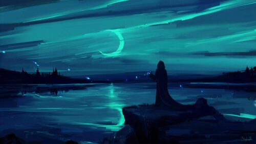 Mysterious Hooded Figure Under a Glowing Crescent Moon Desktop Wallpaper