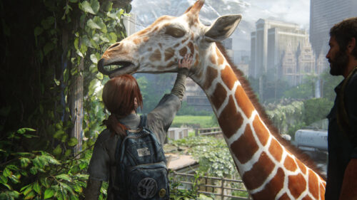 Ellie and Joel with Giraffe The Last of Us Cinematic PC Wallpaper