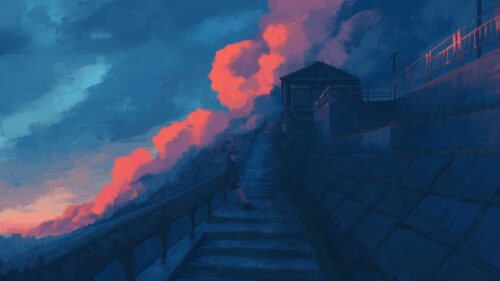 Anime Girl Standing on Rainy Stairs Sunset Aesthetic PC Wallpaper