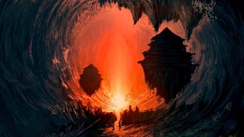 Mystical Floating Temples in Fiery Cave Fantasy 4K Wallpaper
