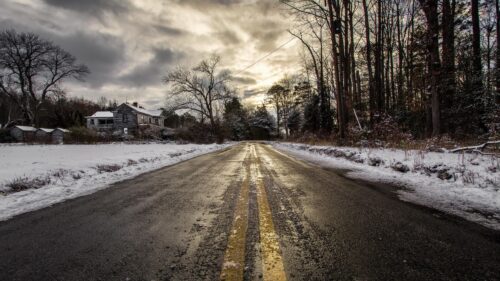 Moody Winter Country Road and Abandoned House Scenic PC Wallpaper