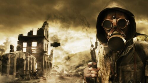 Post Apocalyptic Survivor with Gas Mask in Ruined City Desktop Wallpaper