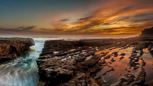 Stunning Golden Sunset Over Rocky Coastline Ocean 4K Wallpaper