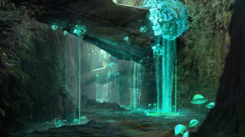 Bioluminescent Alien Forest with Crashed Spaceship PC Wallpaper