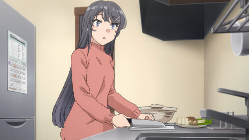 Mai Sakurajima Cooking in Kitchen Anime 4K Wallpaper