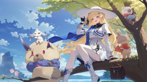 Anime Girl Sitting on Tree Branch with Fantasy Creatures 4K Wallpaper