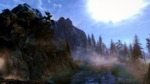 Misty Mountain Lake Landscape Sunrays Over Forest PC Wallpaper
