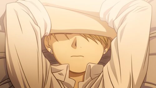 Relaxed Anime Boy Resting with Soft Warm Lighting PC Wallpaper