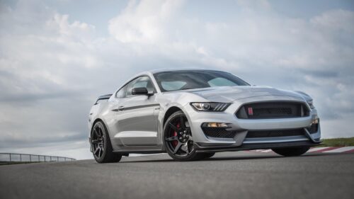Silver Ford Mustang Shelby GT350R Sports Car on Track 4K Wallpaper