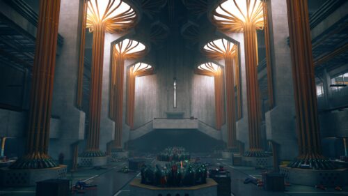 Futuristic Industrial Architecture with Glowing Pillars 4K Desktop Wallpaper